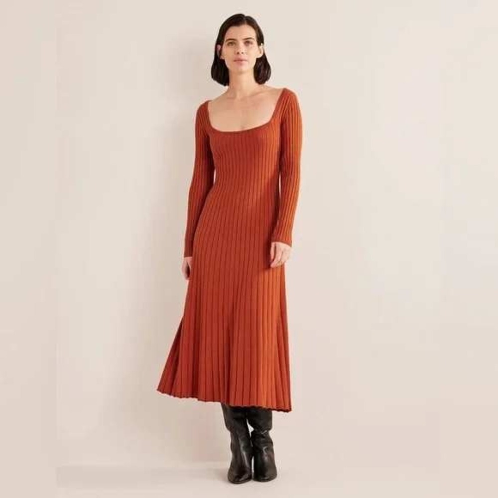 Boden Rust Orange‎ Ribbed Knit Scoop Neck Midi Dress Womens US 8R